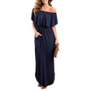 Navy Blue Jersey Fabric Maxi Dress With Pockets and Side Slits